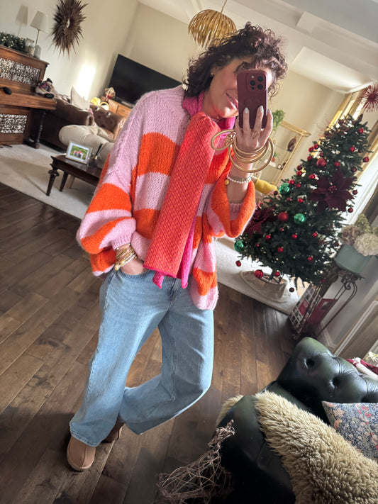 ALEX STRIPED RAW EDGE BALLOON SLEEVED JUMPER FRUIT SALAD ORANGE & PINK  *New