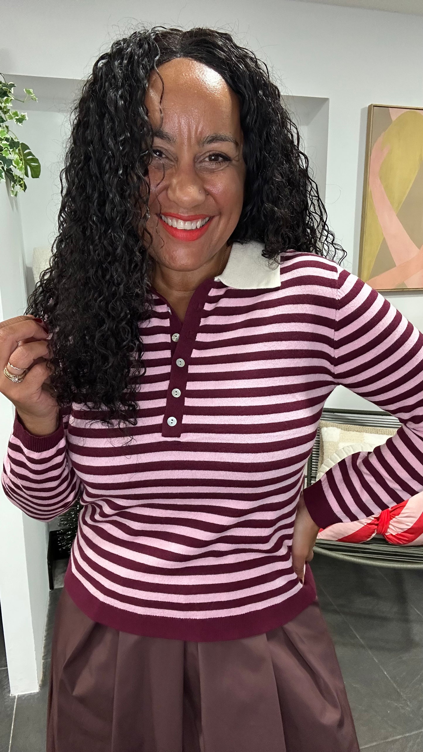 BUTTON NECK COLLARED TOP BURGUNDY & PINK *New