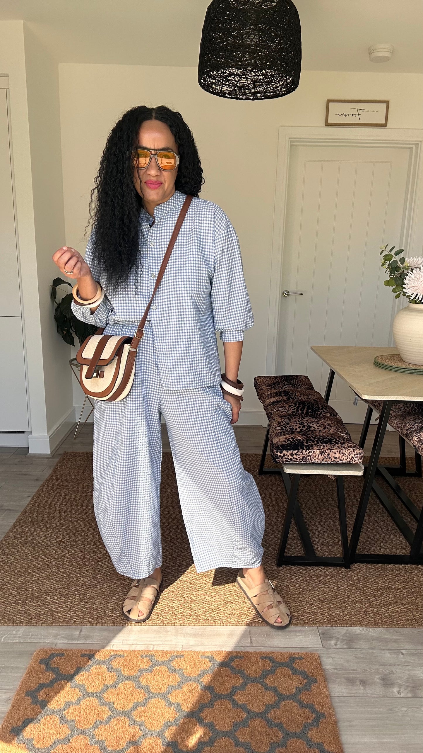 AVA GINGHAM BARREL LEG TROUSERS SKY BLUE *New