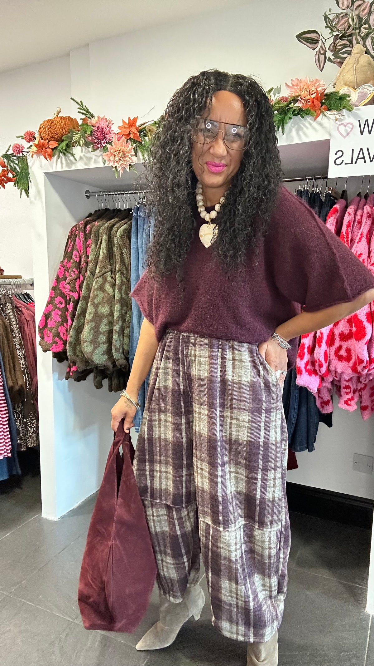 COSIMA PLAID TROUSERS PLUM *New