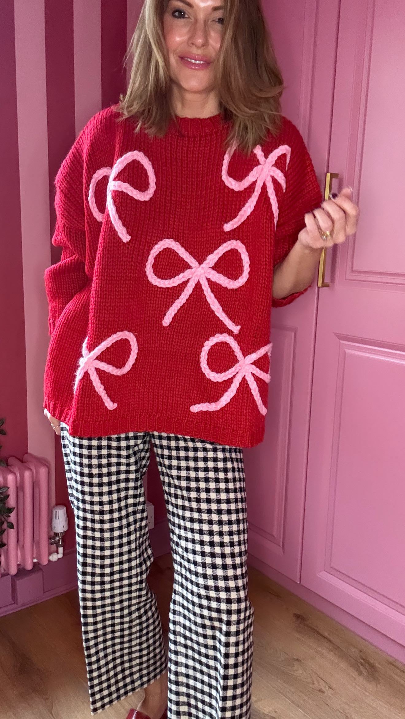 ALEX RIBBON BOW 🎀 OVERSIZED JUMPER CHERRY RED & PINK BOWS *New