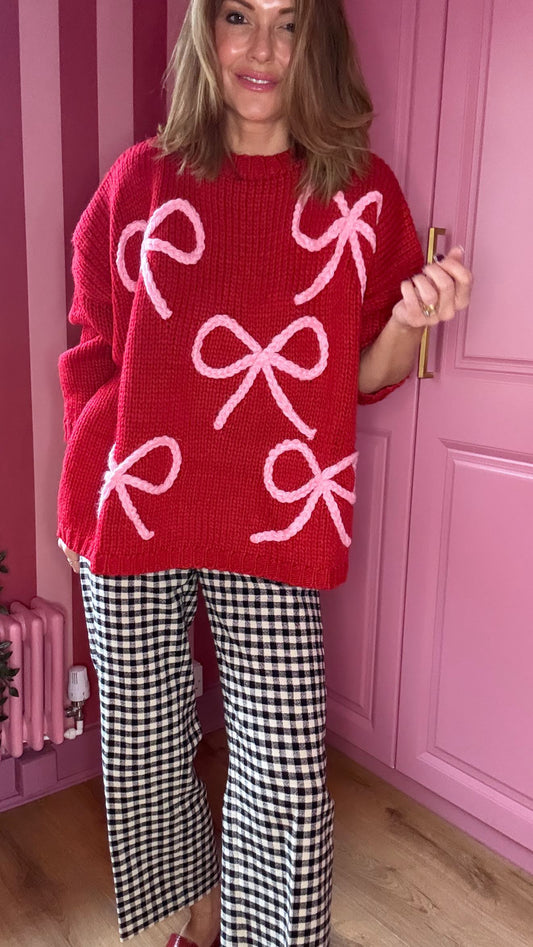 ALEX RIBBON BOW 🎀 OVERSIZED JUMPER CHERRY RED & PINK BOWS *New