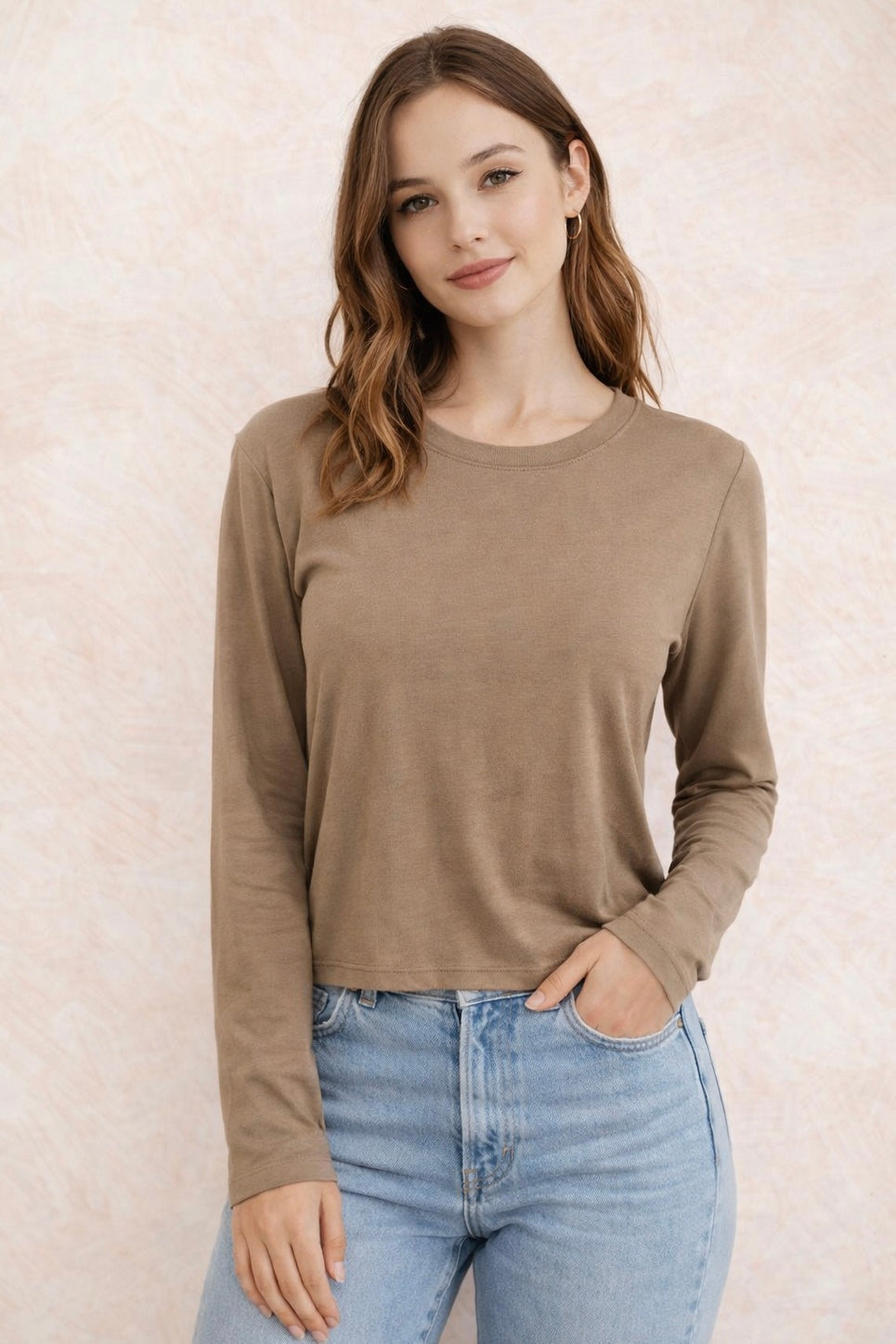 SALE BASIC LONG SLEEVED COTTON TOP LIGHT BROWN