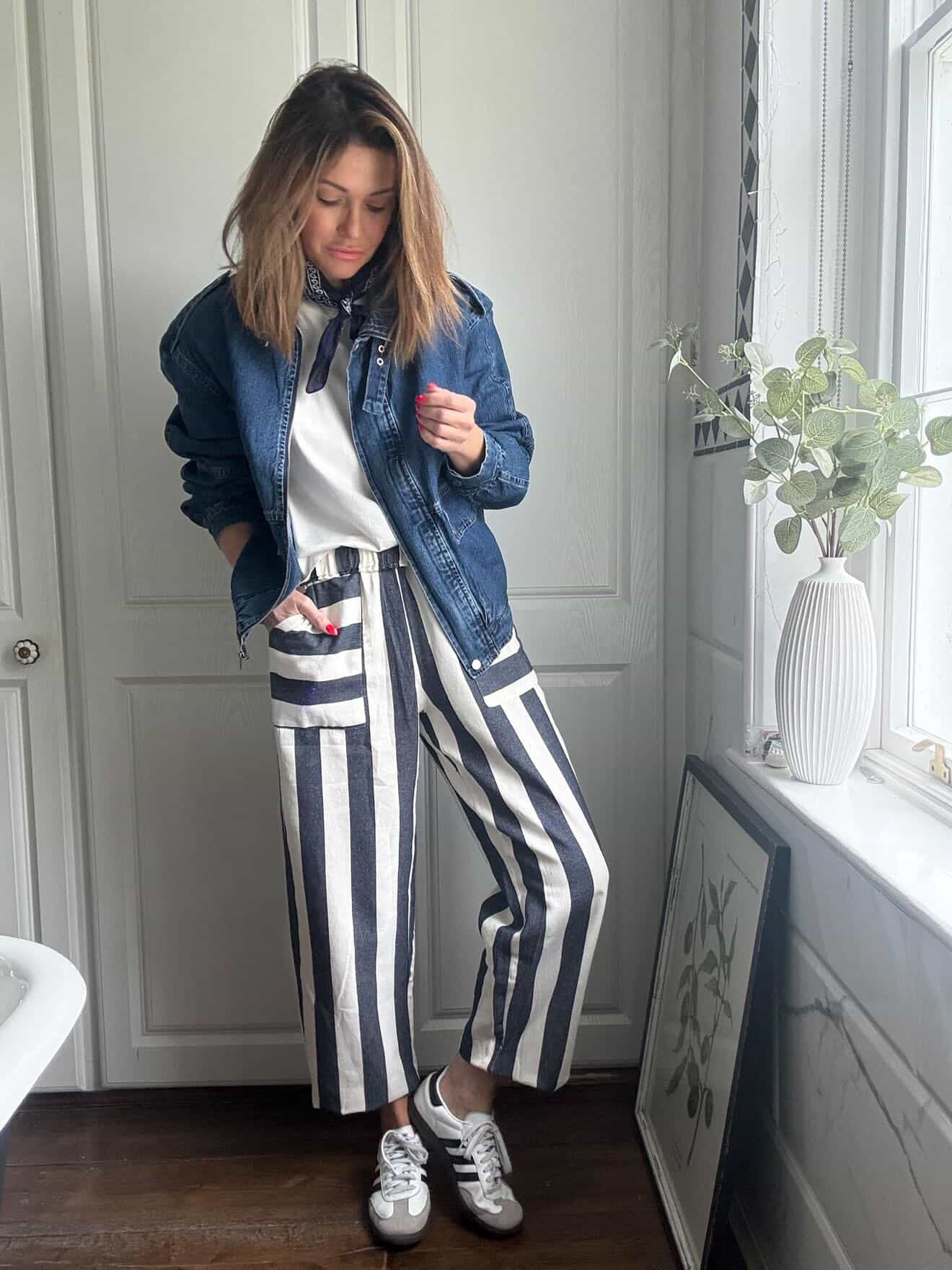 NESSA RETRO STRIPE BARREL LEG TROUSERS DENIM BLUE & CREAM *New