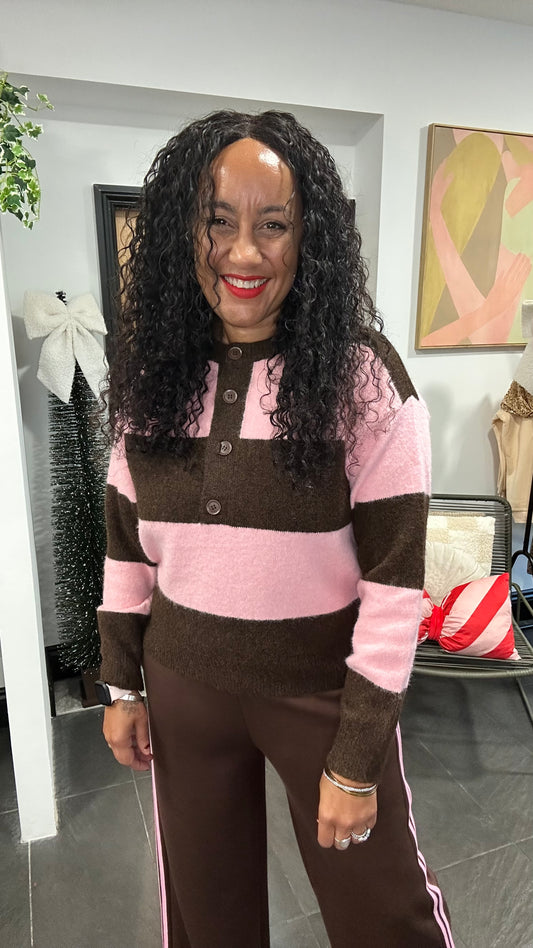 STRIPED BUTTON NECK JUMPER DEEP BROWN & PINK *New