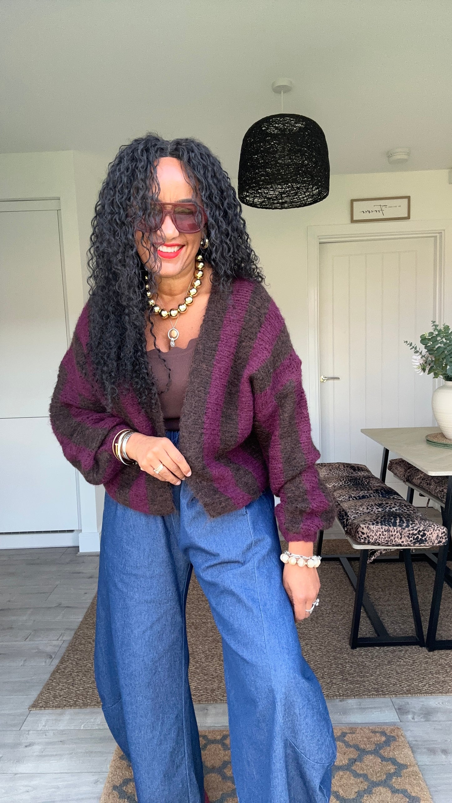 VESA STRIPE CARDIGAN BURGUNDY & BROWN *New
