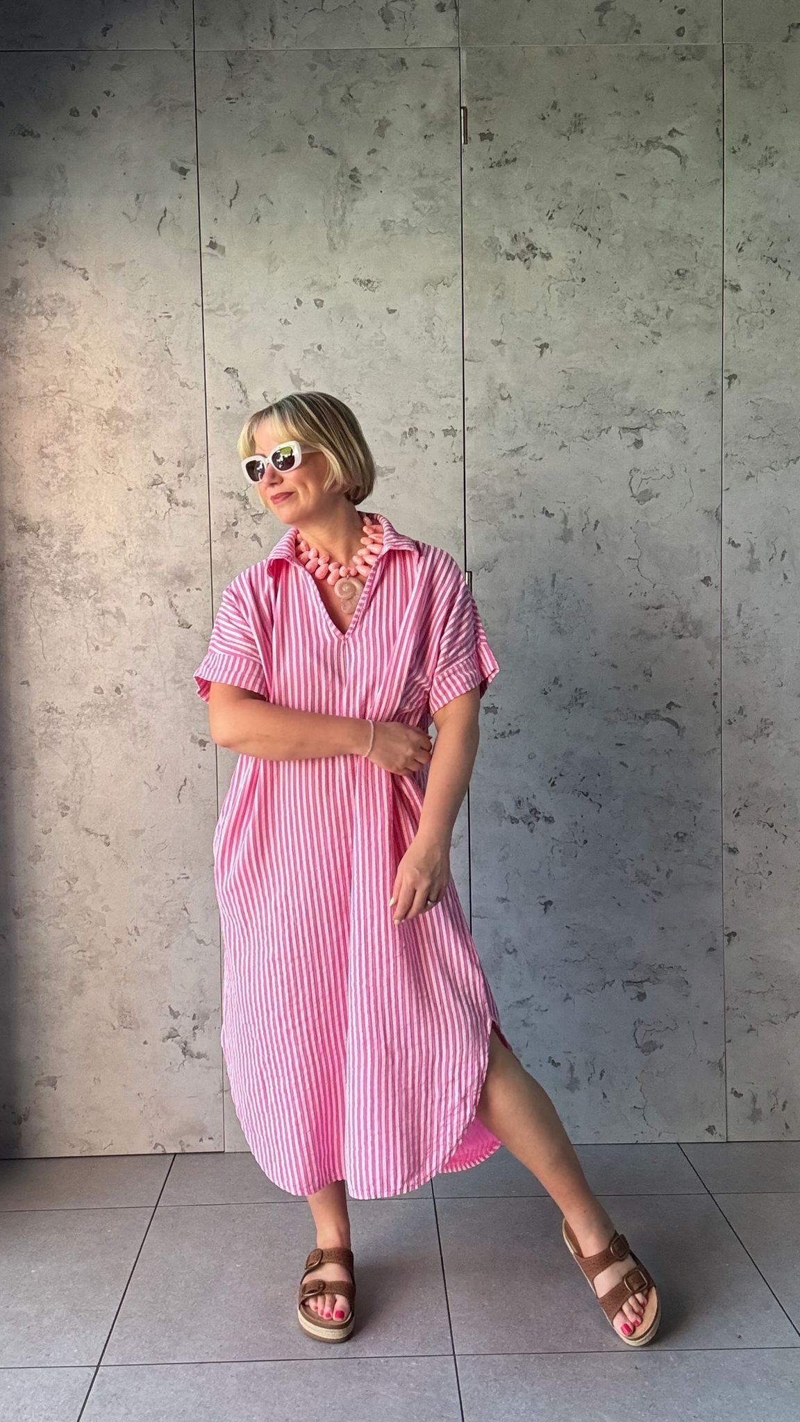 SALE TAYO STRIPED TUNIC SHIRT DRESS PINK