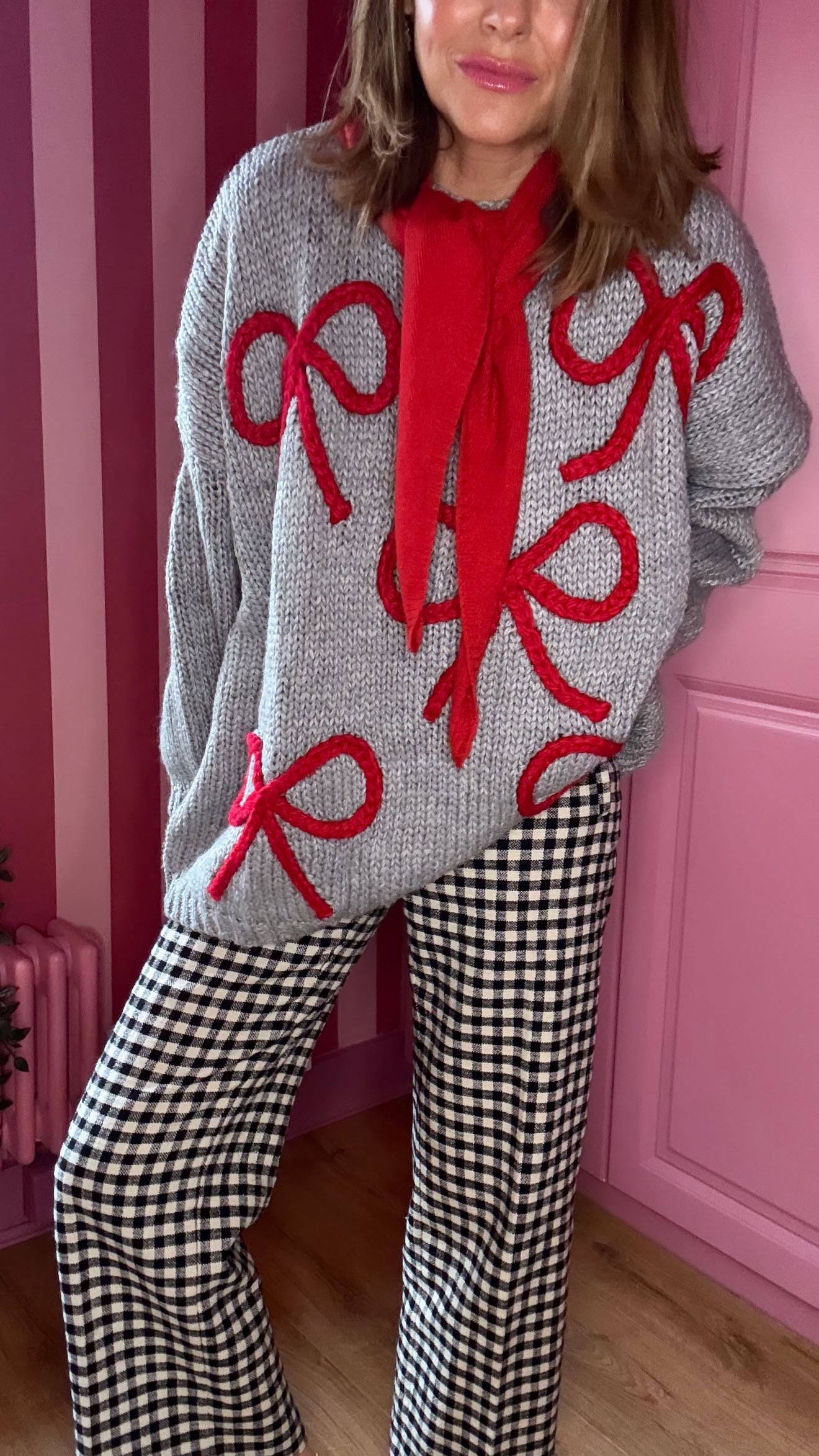 ALEX RIBBON BOW 🎀 OVERSIZED JUMPER HEATHER GREY & RED BOWS *New
