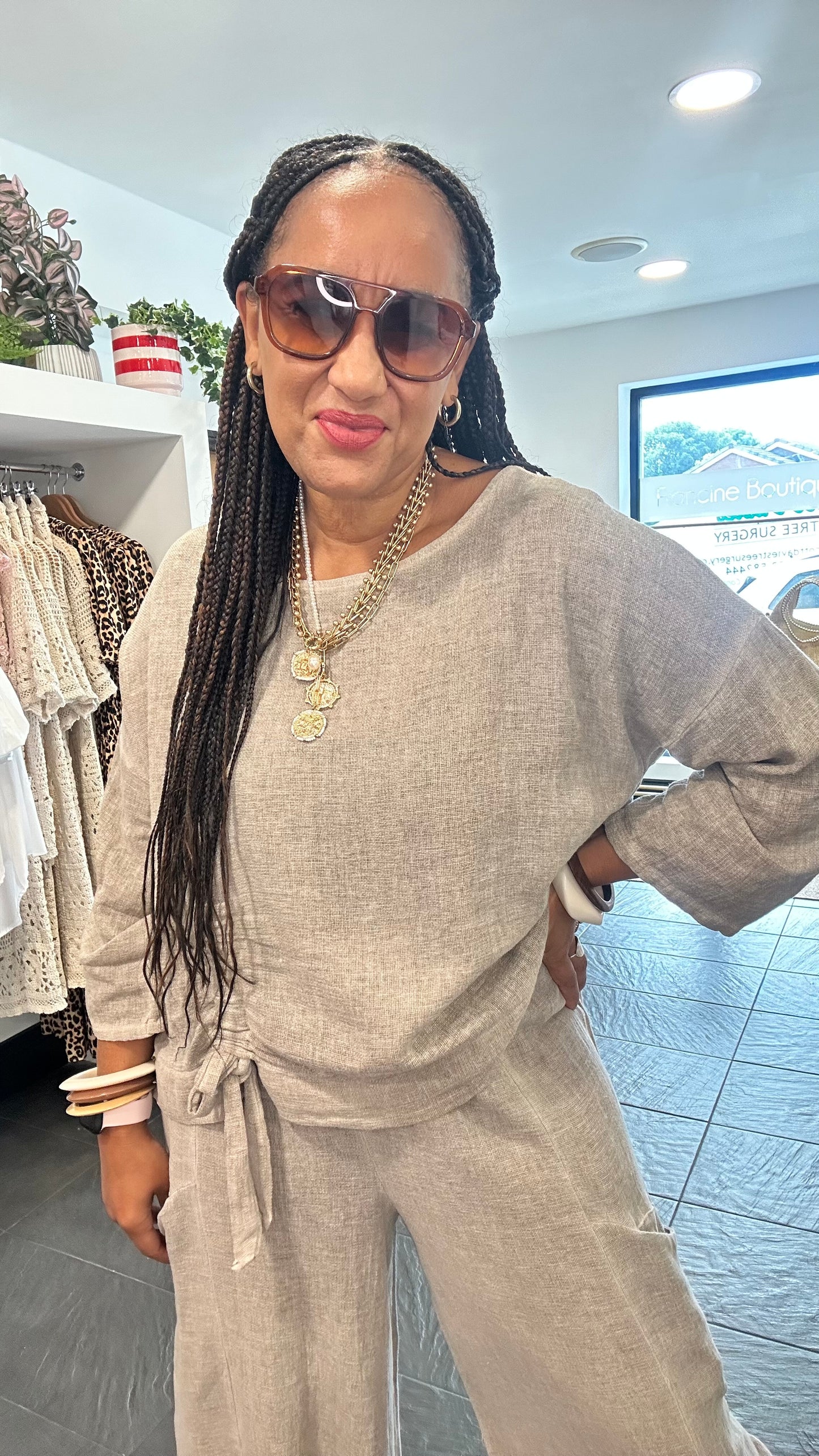 DERBY LINEN OVERSIZED BOXY TOP BROWN