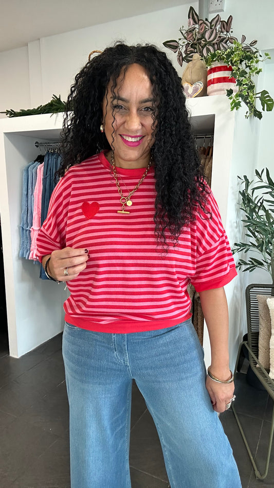 ALEX STRIPED HEART RELAXED T SHIRT PINK & RED *New