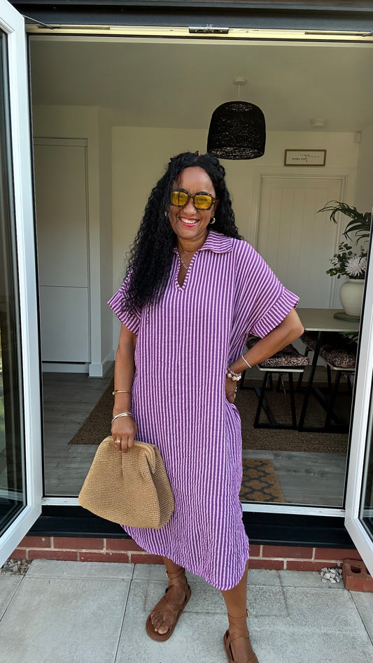 TAYO STRIPED TUNIC SHIRT DRESS PLUM *New