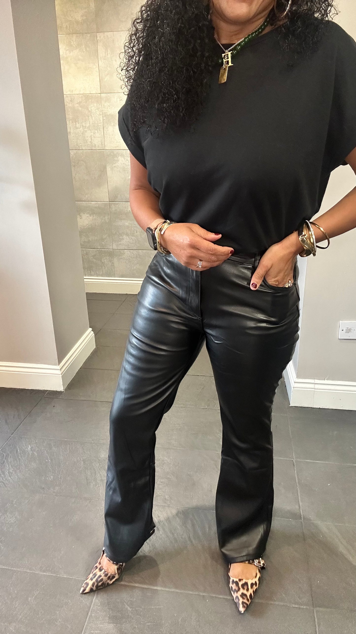 LAULIA FAUX LEATHER SKINNY FLARED TROUSERS BLACK *New