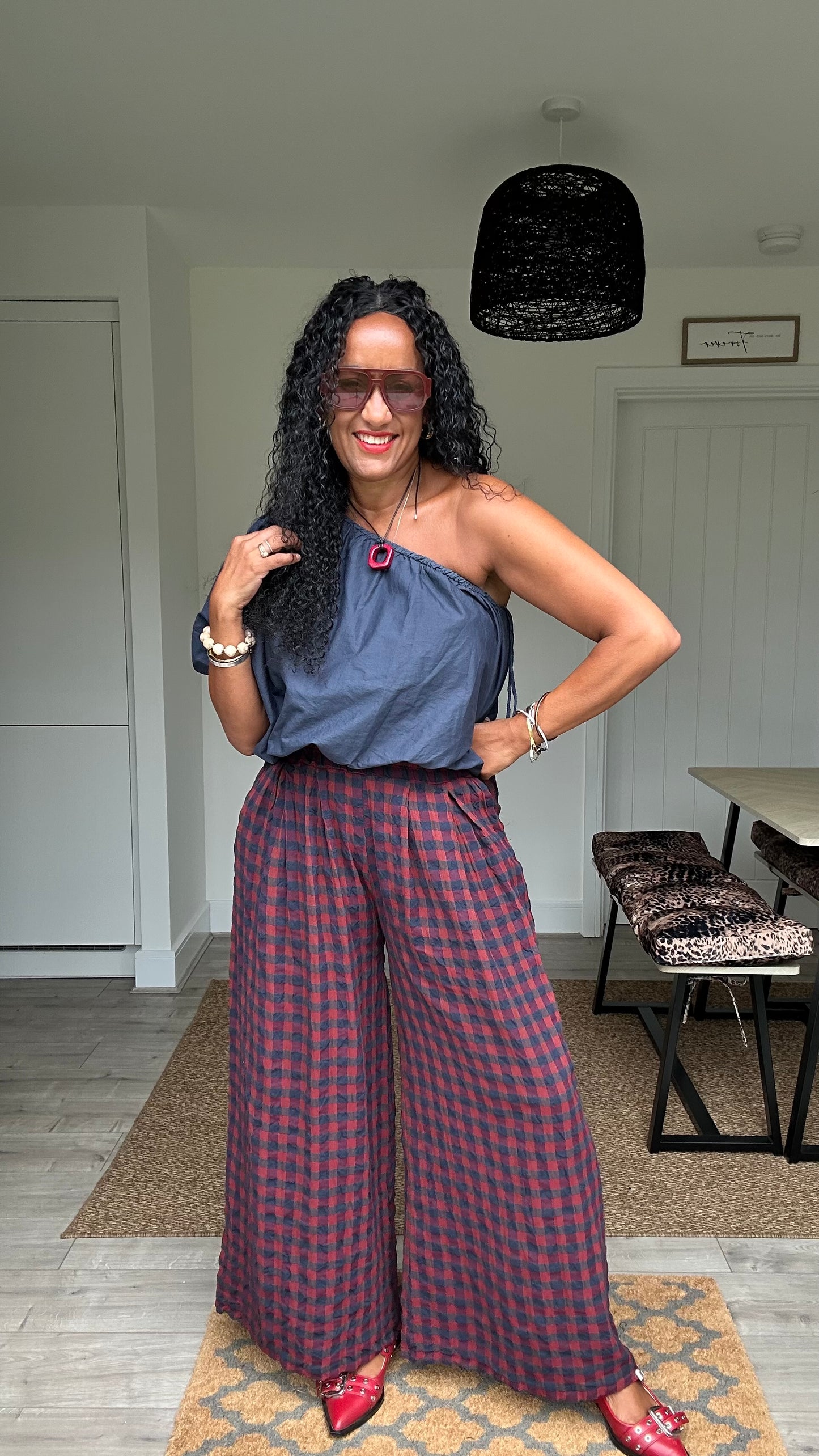 EVIE CHECKED TROUSERS RED *New