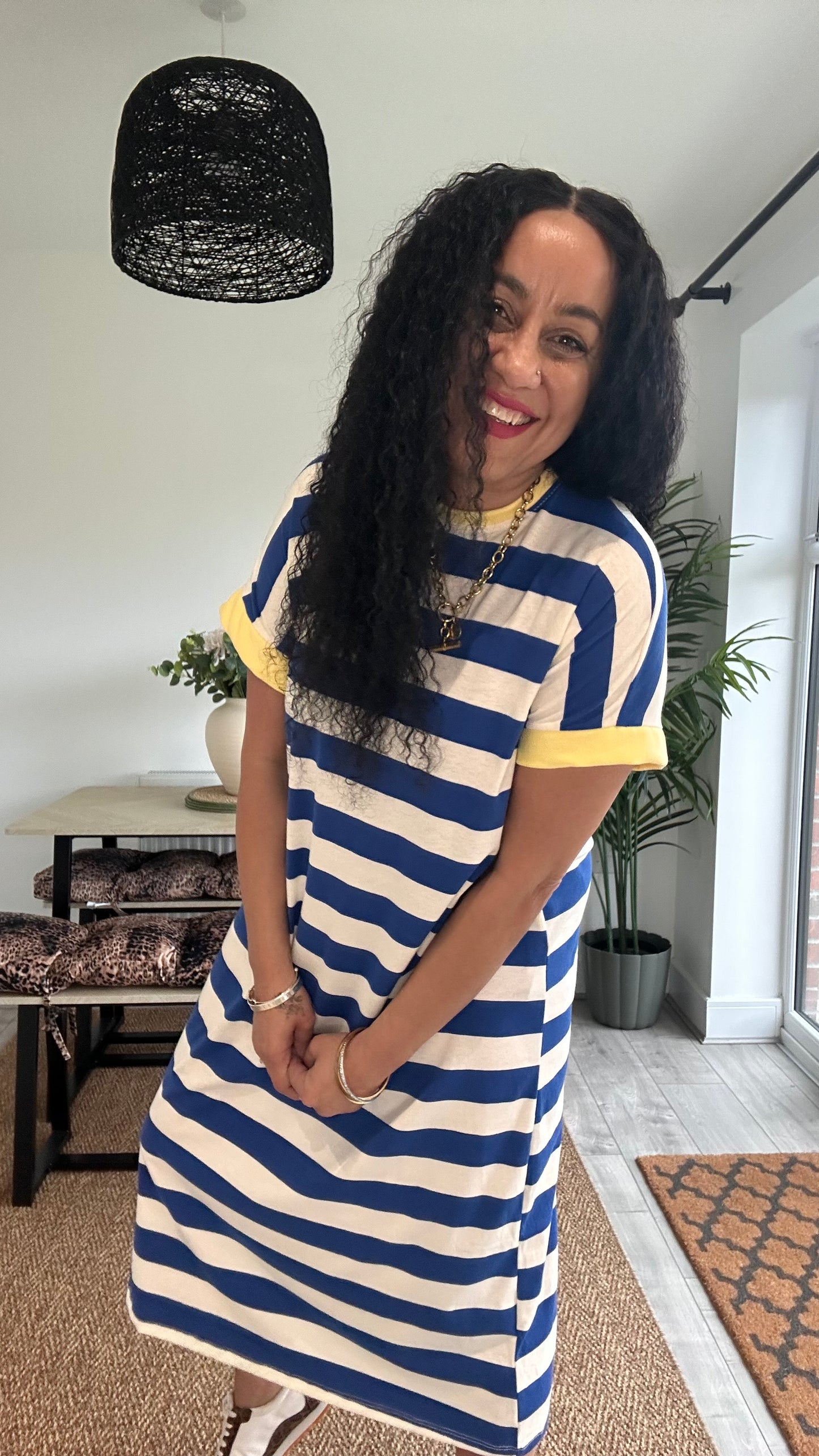 BETTY OVERSIZED T-SHIRT DRESS NAVY & YELLOW CONTRAST TRIM *New