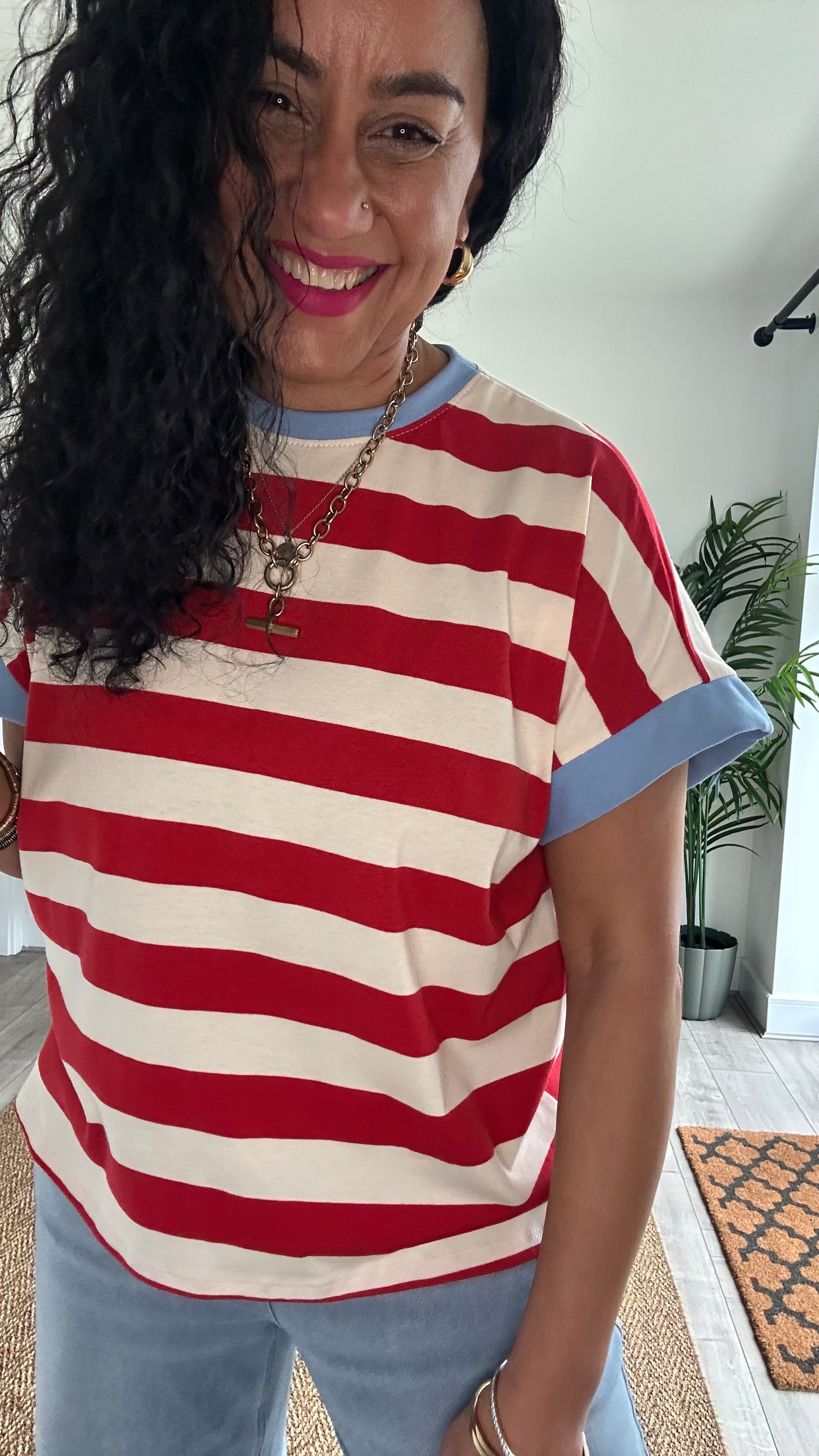 BOLD CONTRAST STRIPE T SHIRT RED & BLUE *New