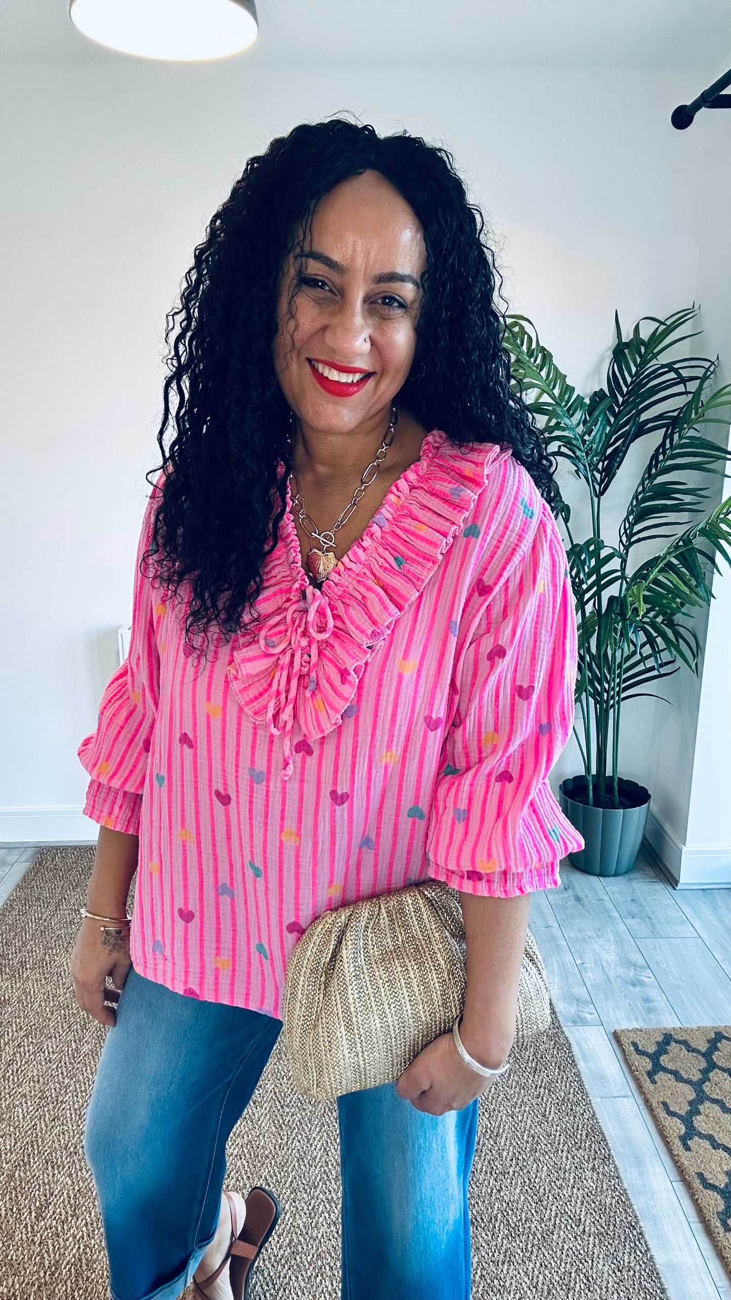 TYRA RUFFLE BLOUSE HEART NEON PINK ORANGE STRIPE *New