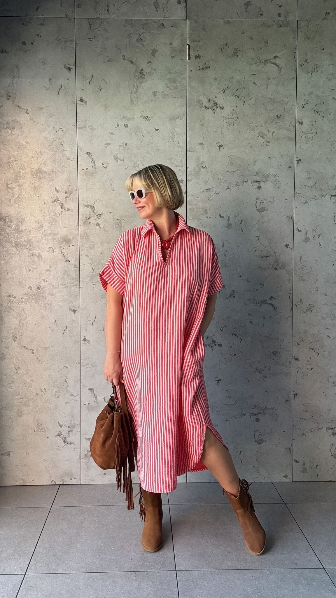 SALE TAYO STRIPED TUNIC SHIRT DRESS PINK