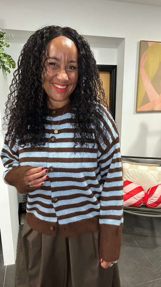 OWEN STRIPED CARDIGAN BLUE & BROWN *New