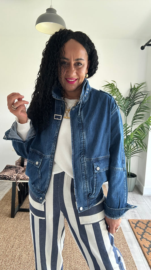 DENIM FUNNEL NECK BOMBER JACKET *New