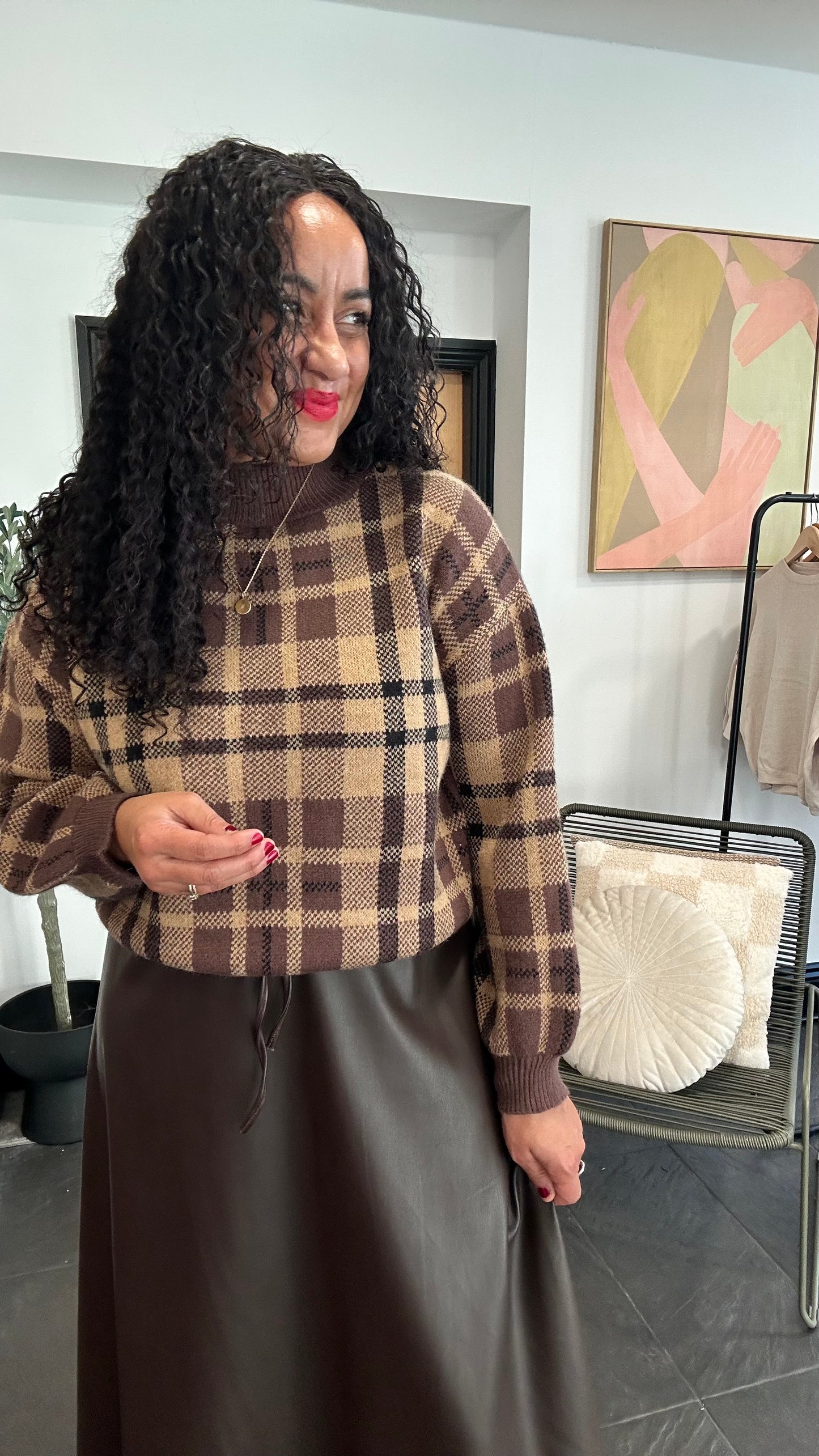 TESS PLAID KNIT SWEATER COFFEE BROWN *New