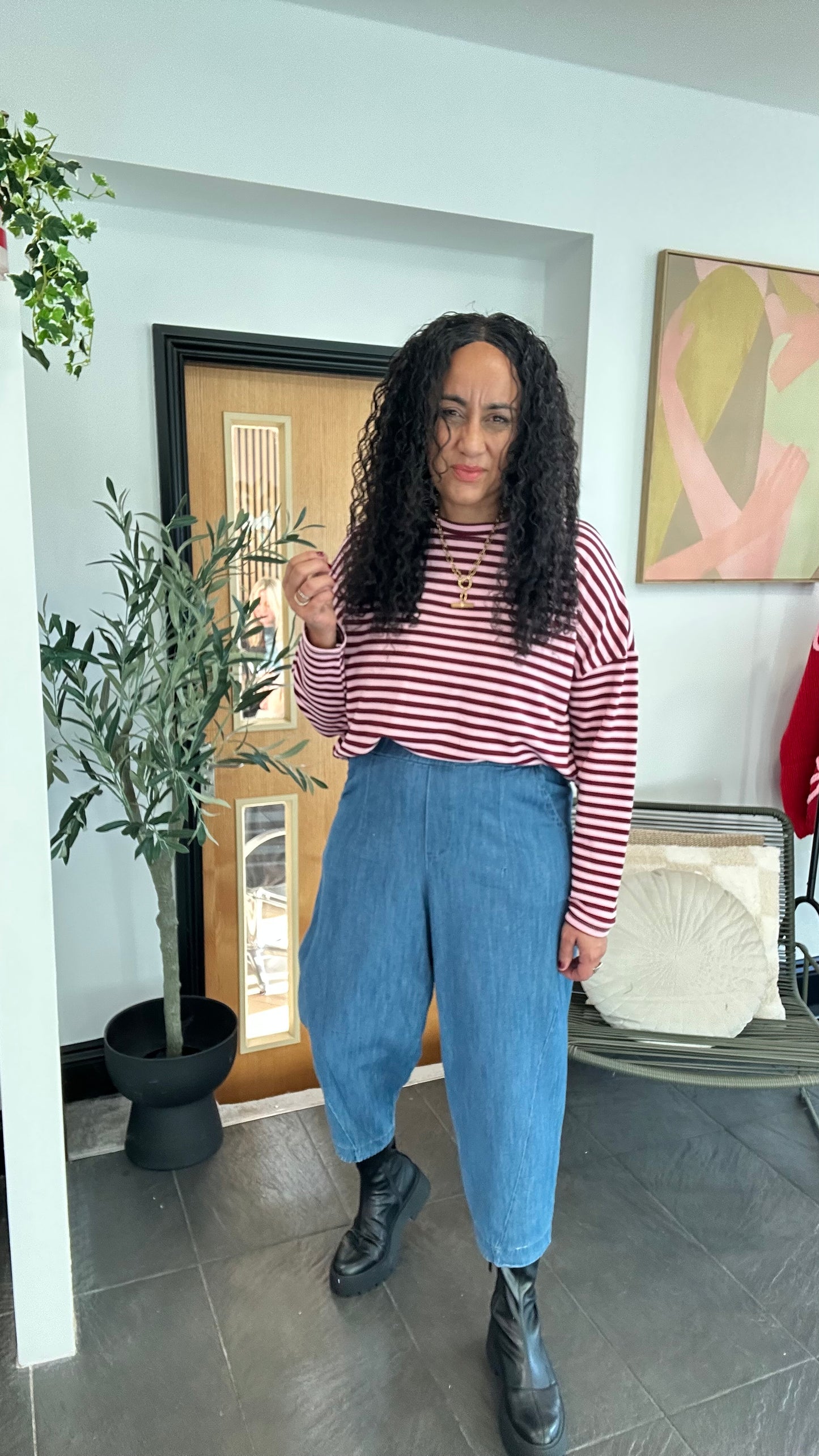 STRIPE LONG SLEEVED JERSEY TOP BURGUNDY & PINK *New