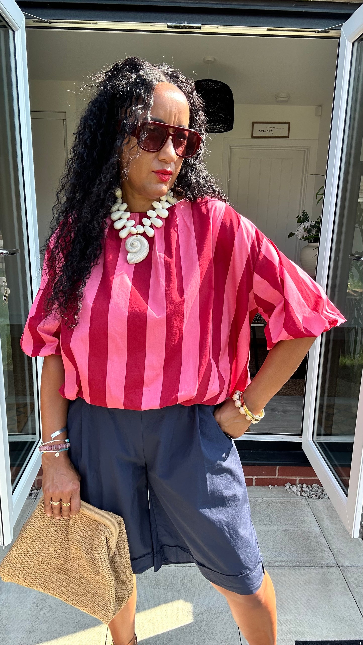 STRIPE BUBBLE HEM BLOUSE RED & PINK *New