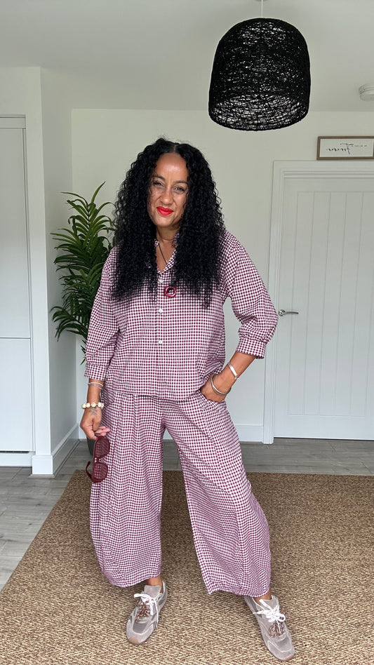 AVA GINGHAM BARREL LEG TROUSERS BLACKCURRANT *New