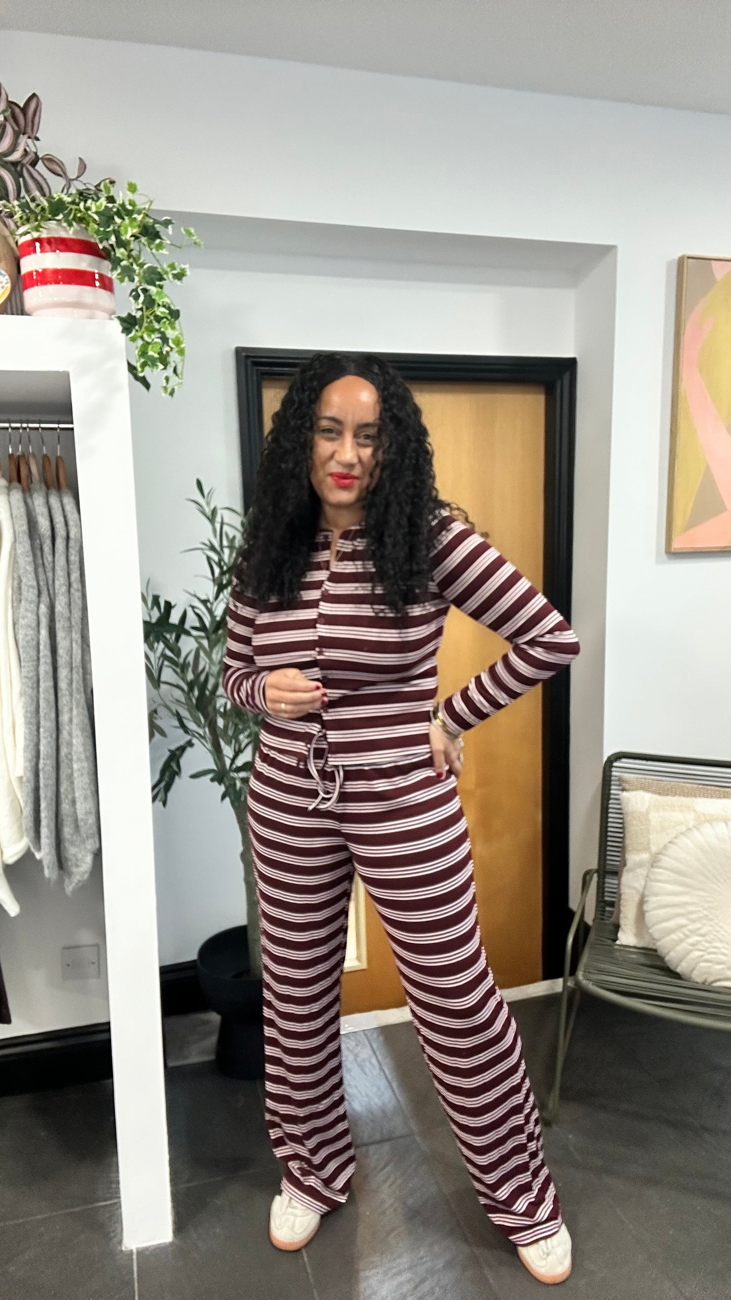 PALOMO STRIPED LOUNGEWEAR SET BURGUNDY *New