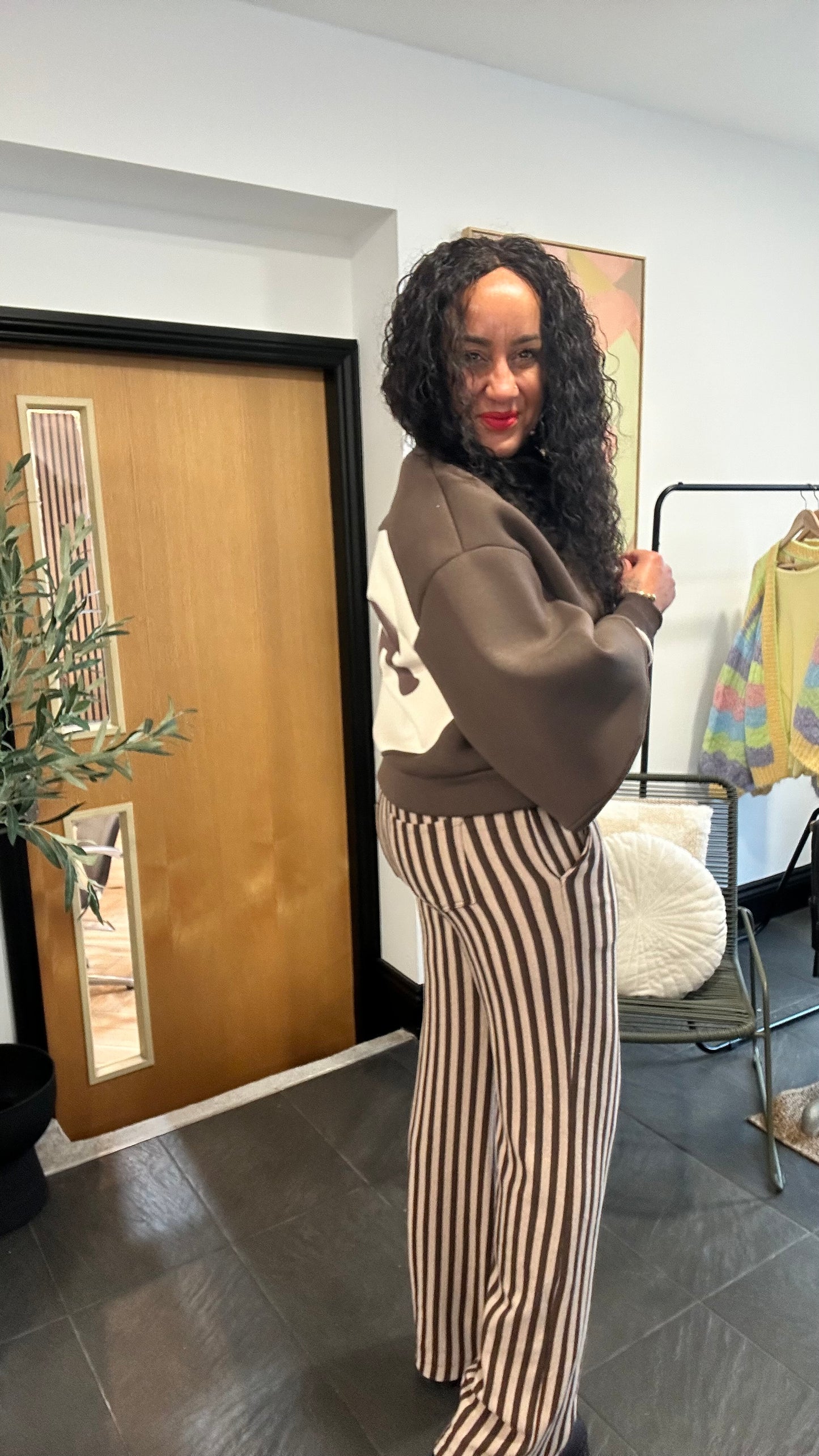 EVELYN STRIPE WIDE LEG BOTTOMS BROWN *New