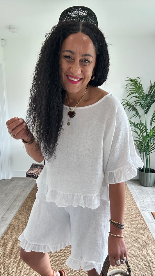 DERBY LINEN BLEND FRILL TOP WHITE *New