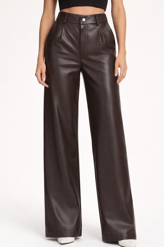 SALE PLEATHER STRAIGHT LEG TROUSERS DEEP BROWN