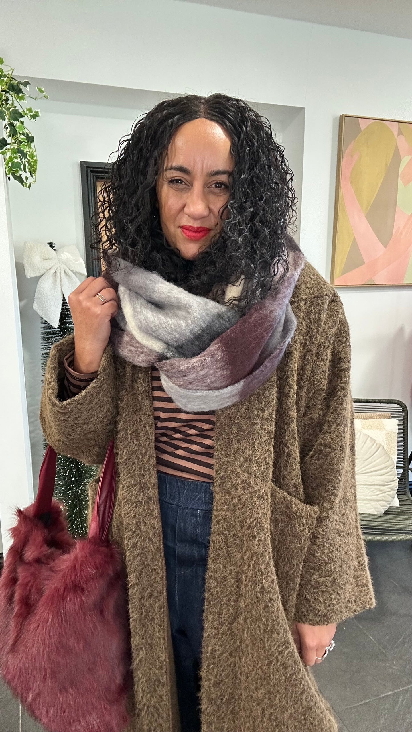 PLAID CHECK BLANKET SCARF PLUM *New