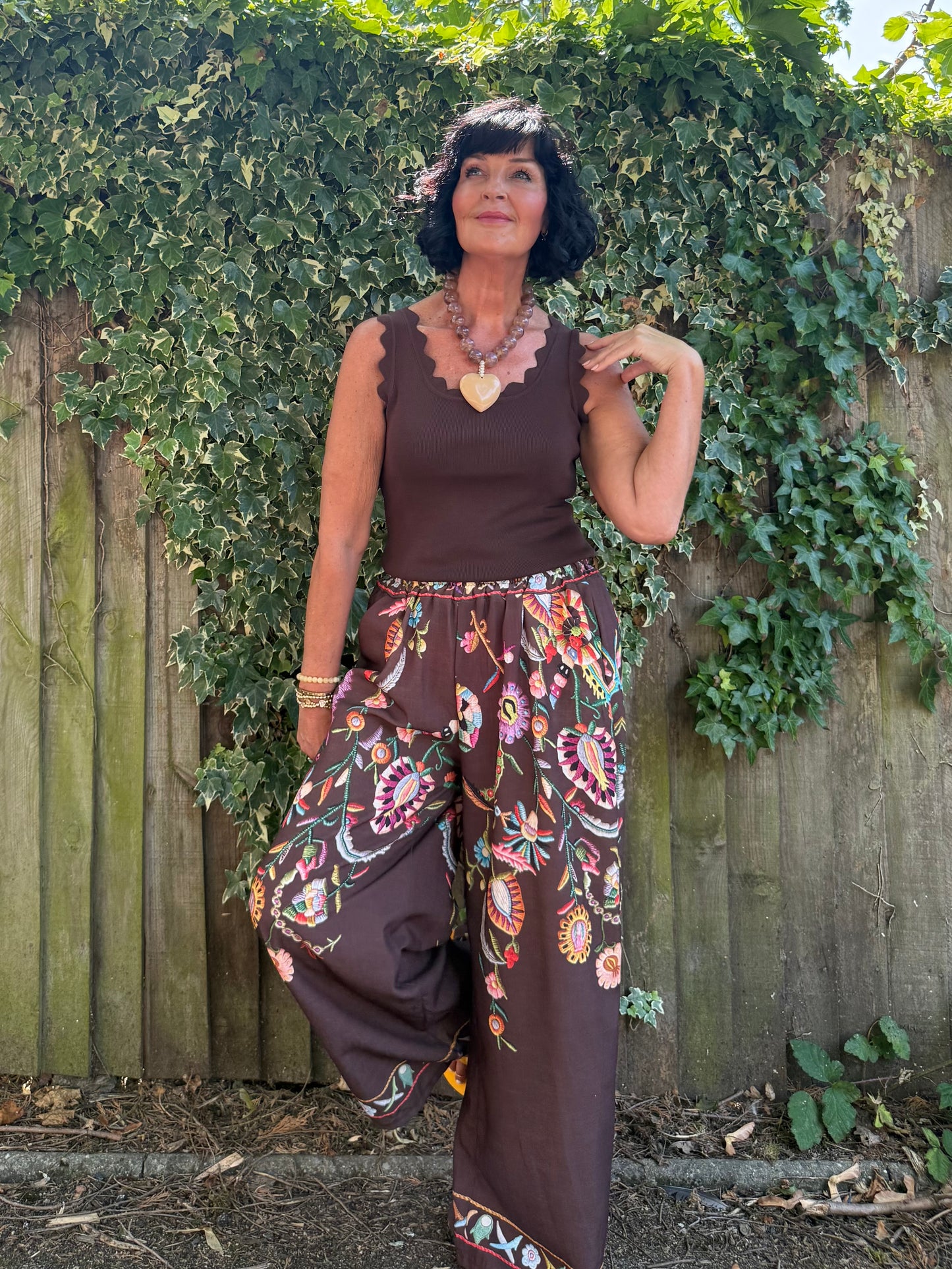CLEO LASER FLORAL EMBROIDERED BOHO WIDE LEG TROUSERS BROWN *New
