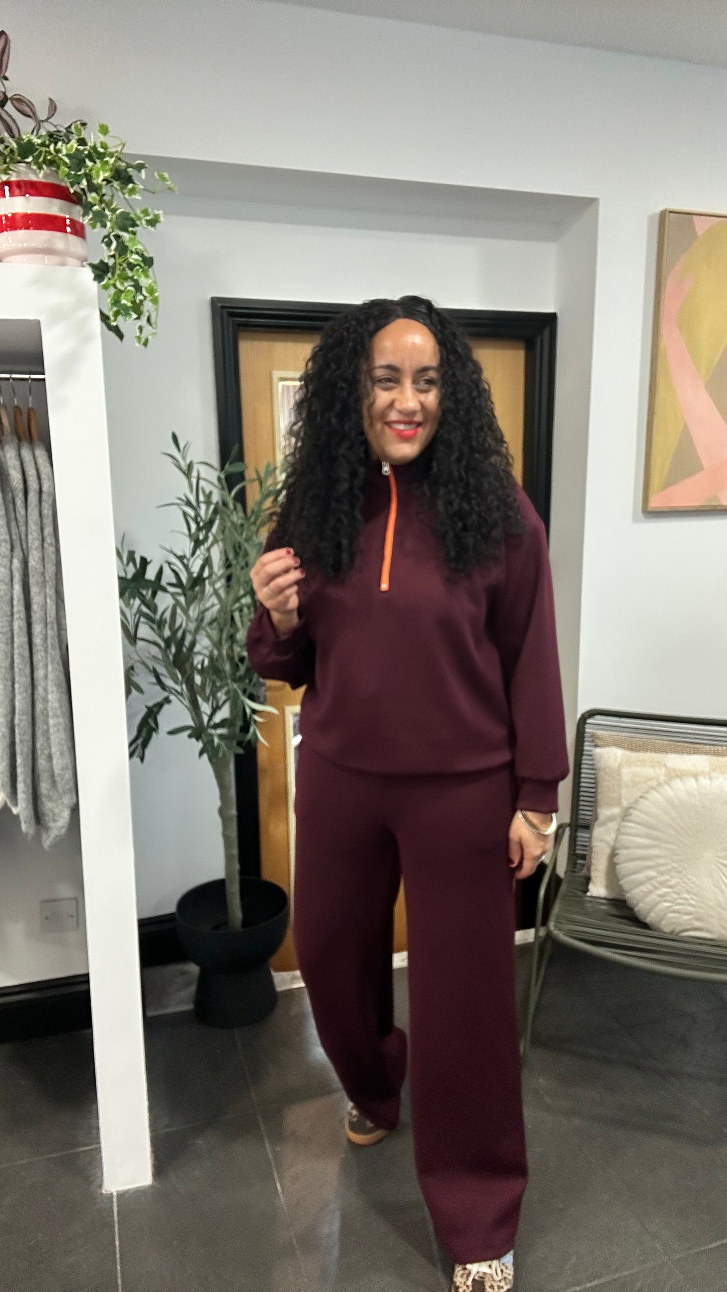 SIENNA CONTRAST ZIP & TIE LOUNGEWEAR BURGUNDY *New