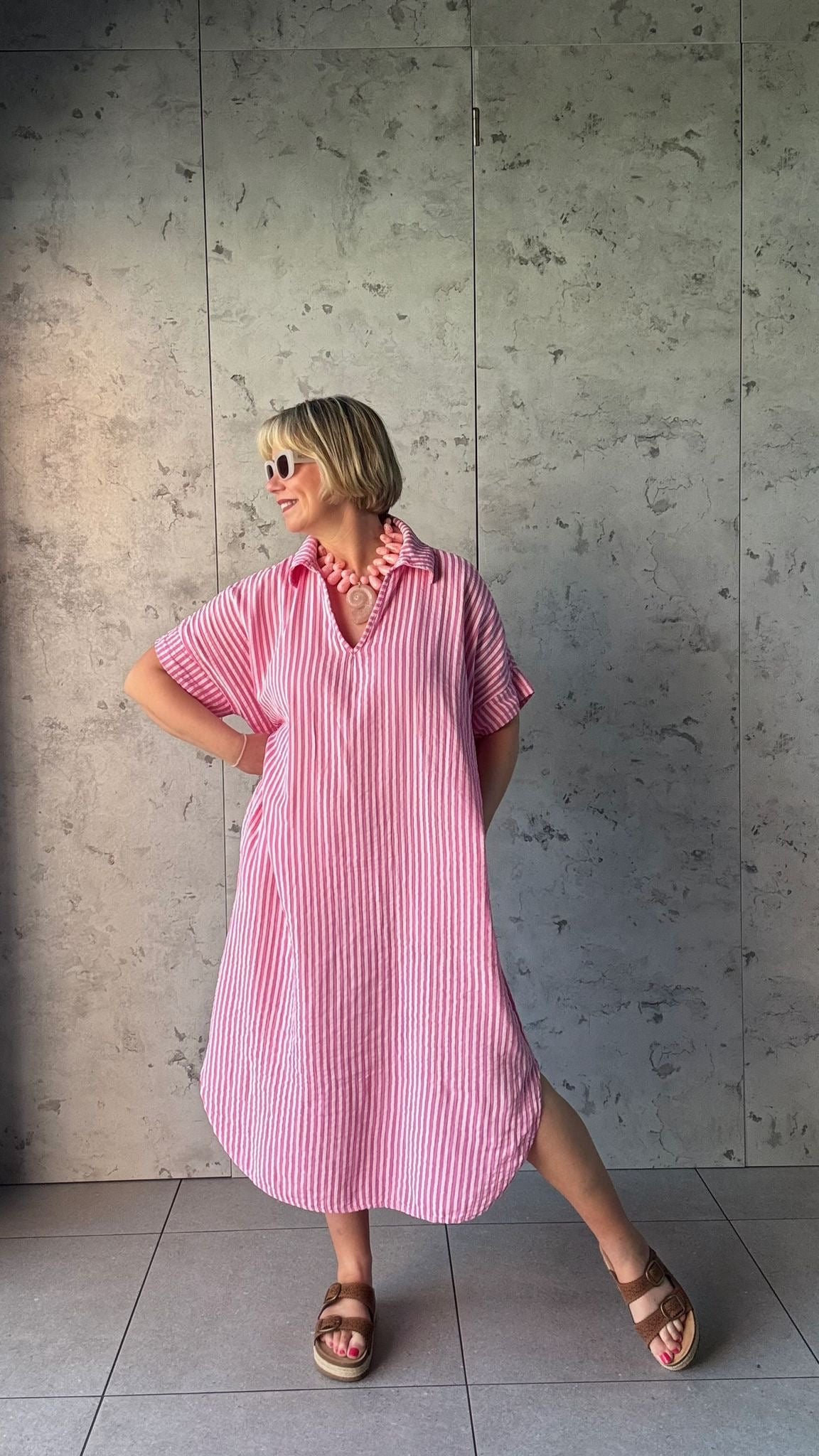 SALE TAYO STRIPED TUNIC SHIRT DRESS PINK