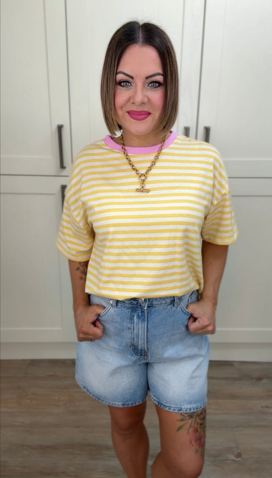 PRE ORDER - CANDY T SHIRT YELLOW PINK TRIM *New