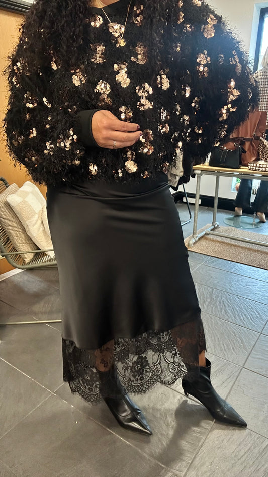 SATIN LACE MIDI SKIRT BLACK *NEW