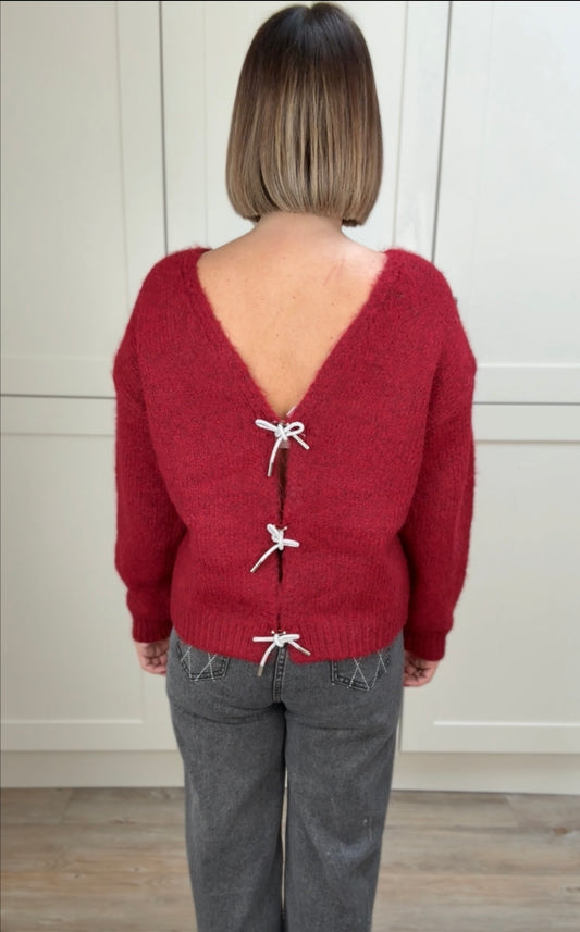 DIAMANTE BOW V-NECK KNIT JUMPER WINE *New