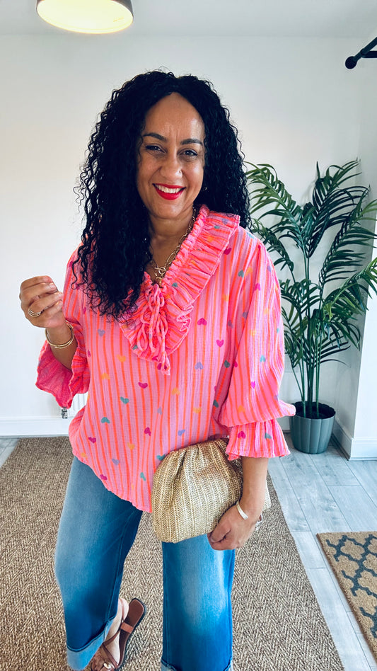 TYRA RUFFLE BLOUSE HEART NEON PINK ORANGE STRIPE *New