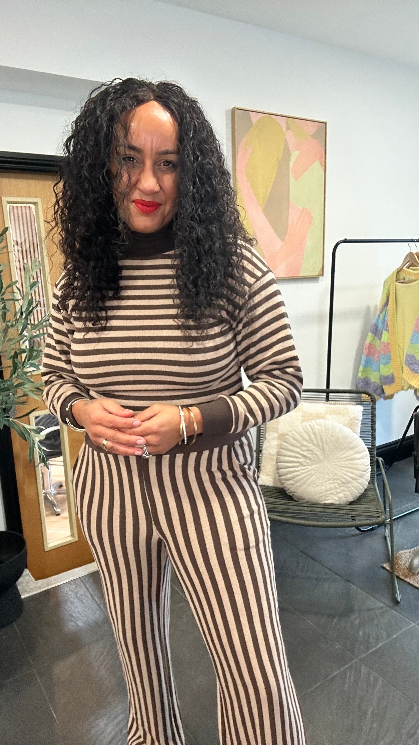 EVELYN STRIPE MOCK NECK LONG SLEEVE TOP BROWN *New