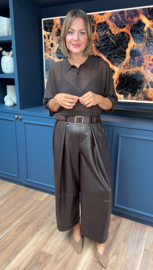 COSIMA FAUX LEATHER PAPER BAG TROUSERS BROWN *New