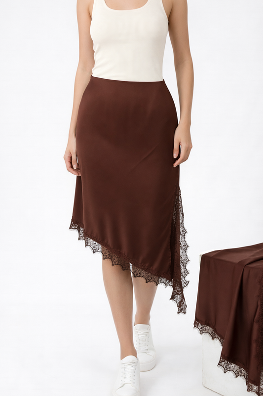 SALE PENNY LACE TRIM ASYMMETRIC SATIN FEEL SKIRT DEEP BROWN