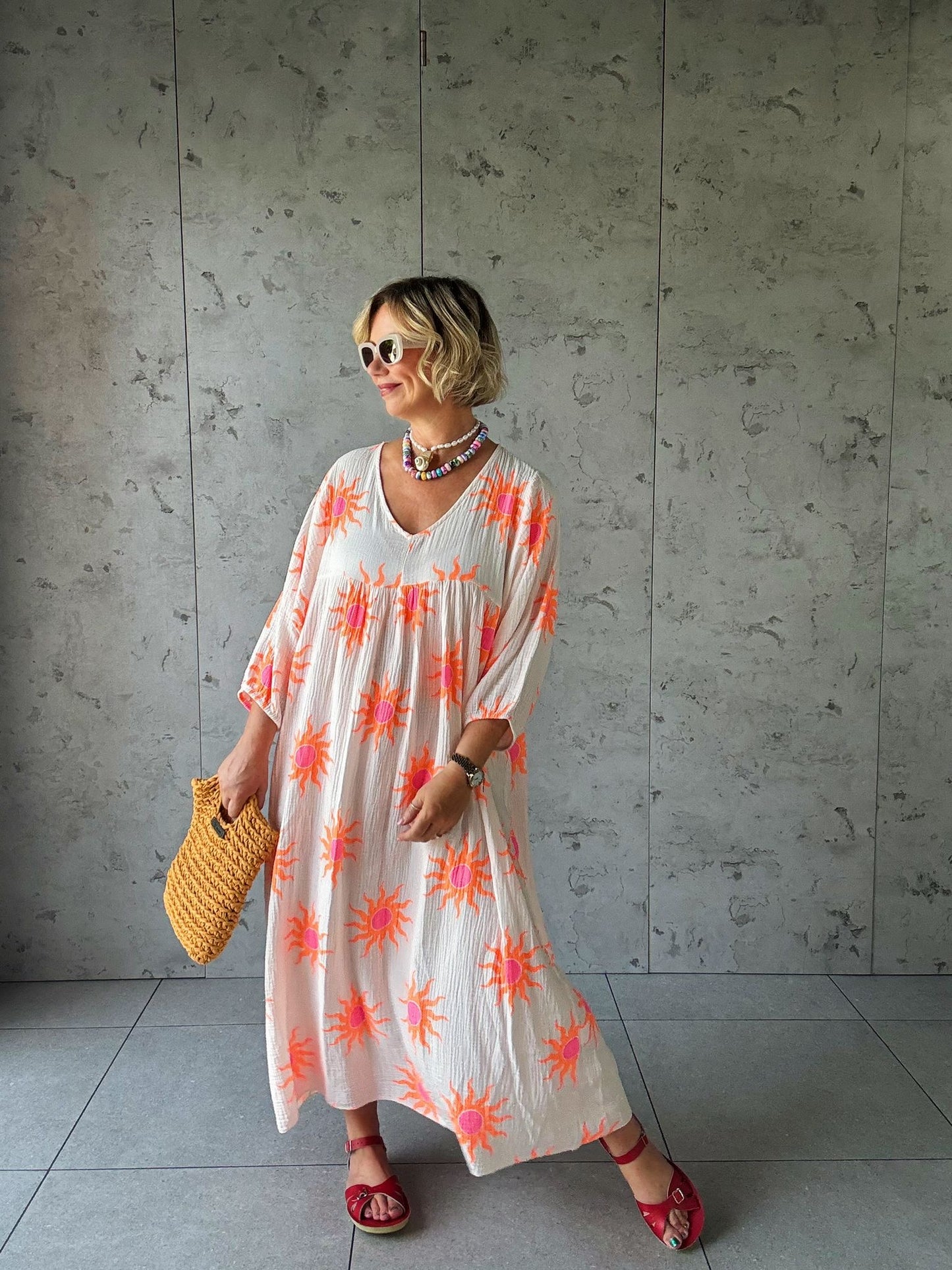 SALE SUNBURST SMOCK DRESS PINKY WHITE & ORANGE SUNBURST