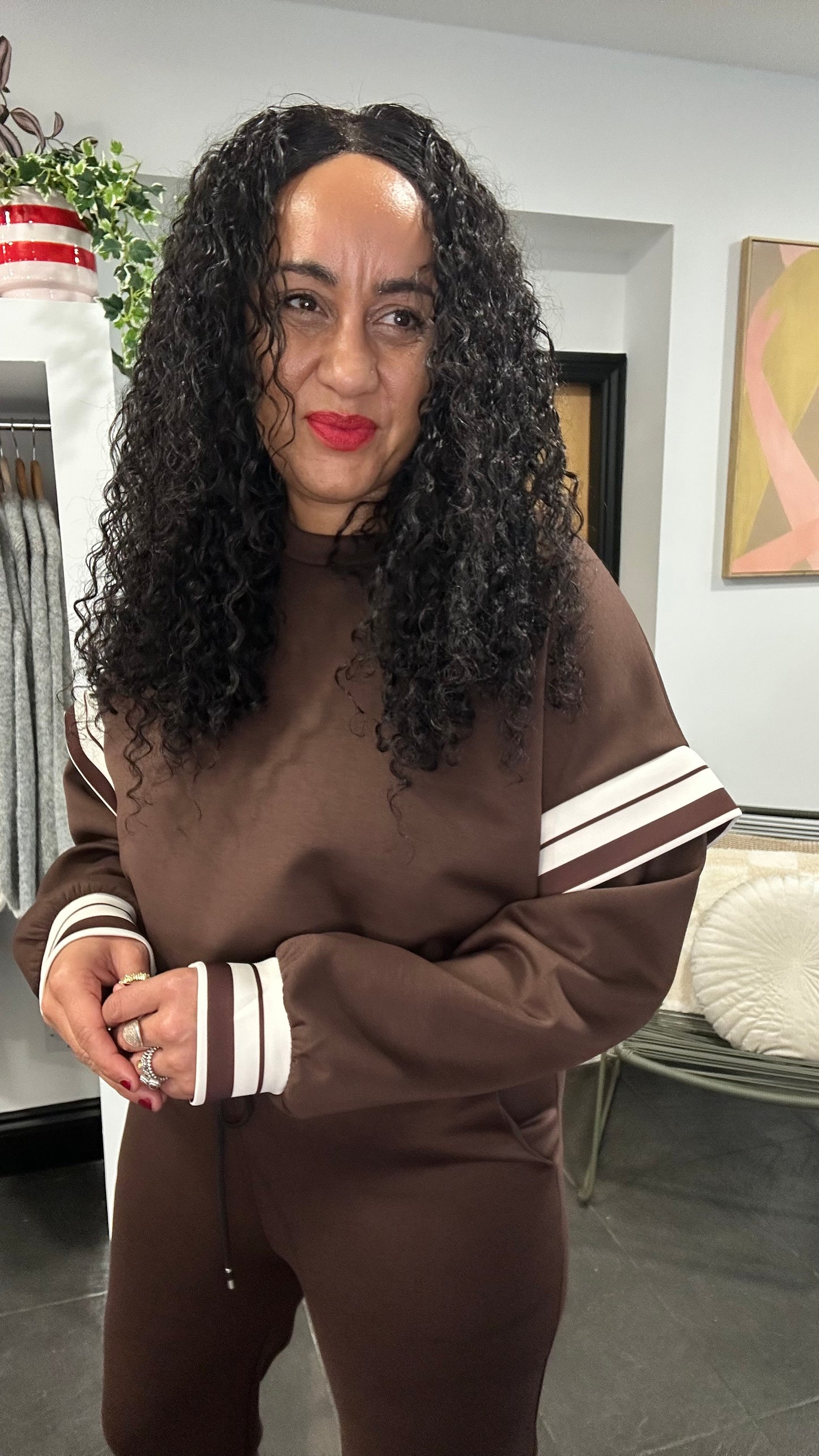 JOANNA STRIPED SLEEVED LOUNGEWEAR SET  DEEP BROWN *New