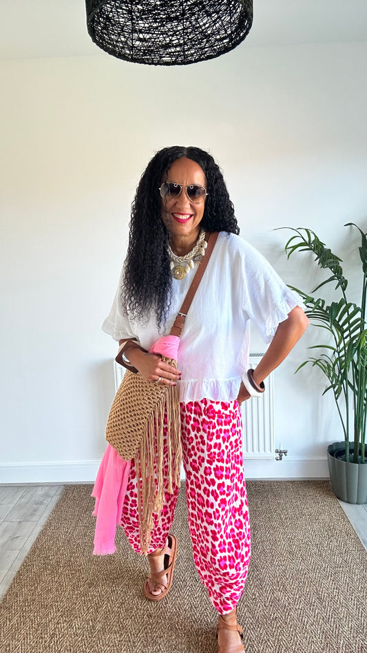 FRUITELLA LUXE LEOPARD BARREL LEG TROUSERS RED & PINK LEOPARD *New