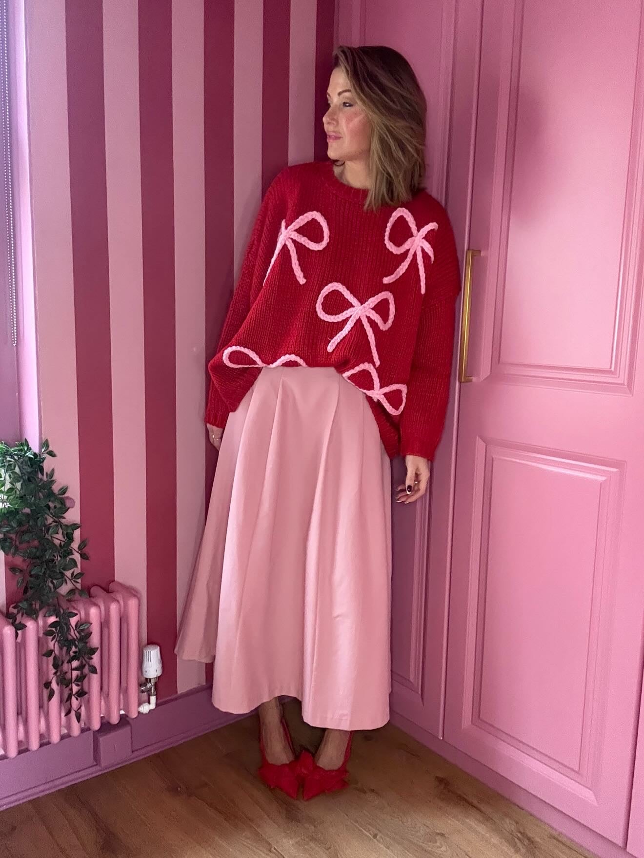 ALEX RIBBON BOW 🎀 OVERSIZED JUMPER CHERRY RED & PINK BOWS *New