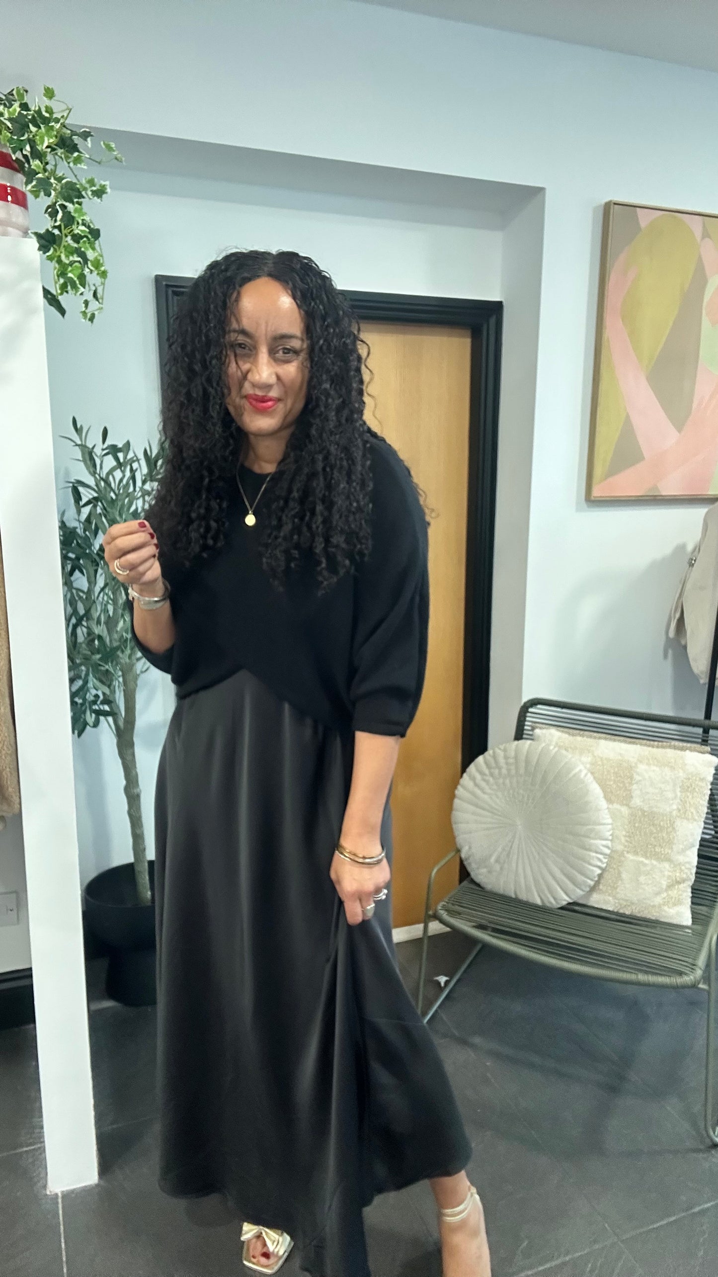 MABLE OPEN KNIT AND SATIN MAXI DRESS BLACK *New