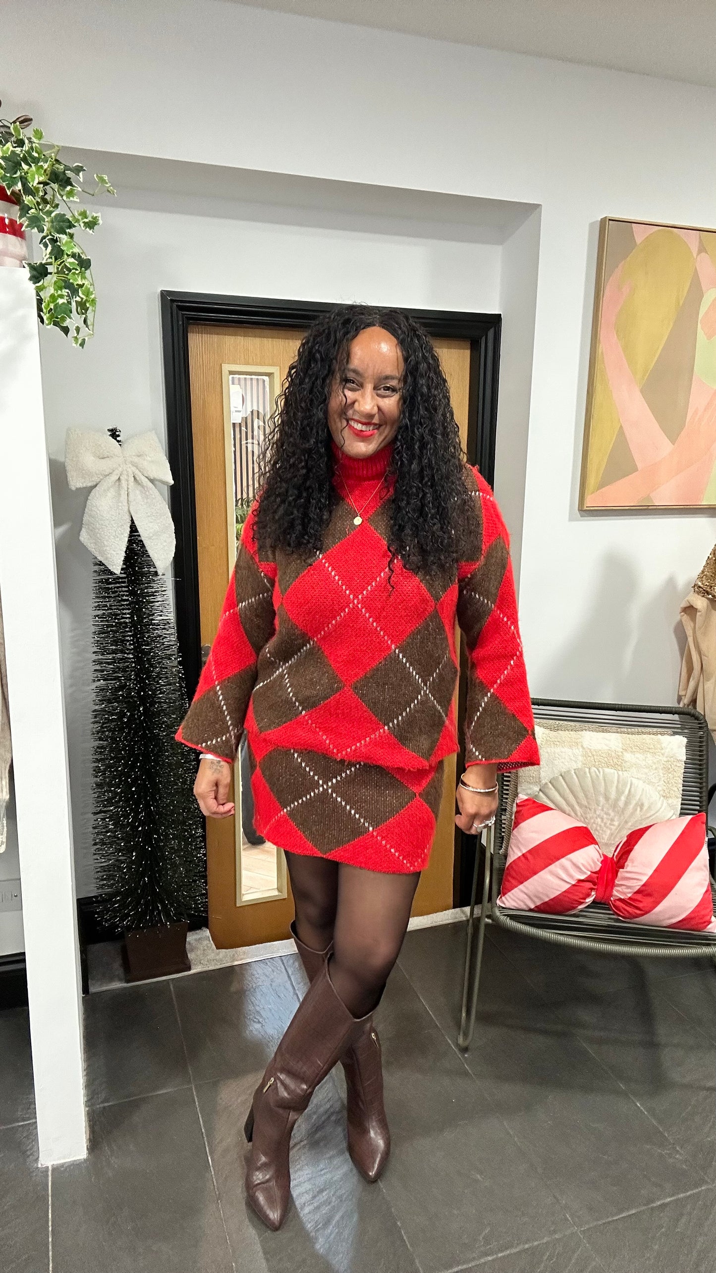 SALE LUNA ARGLE KNIT JUMPER & SKIRT SET RED & DEEP BROWN