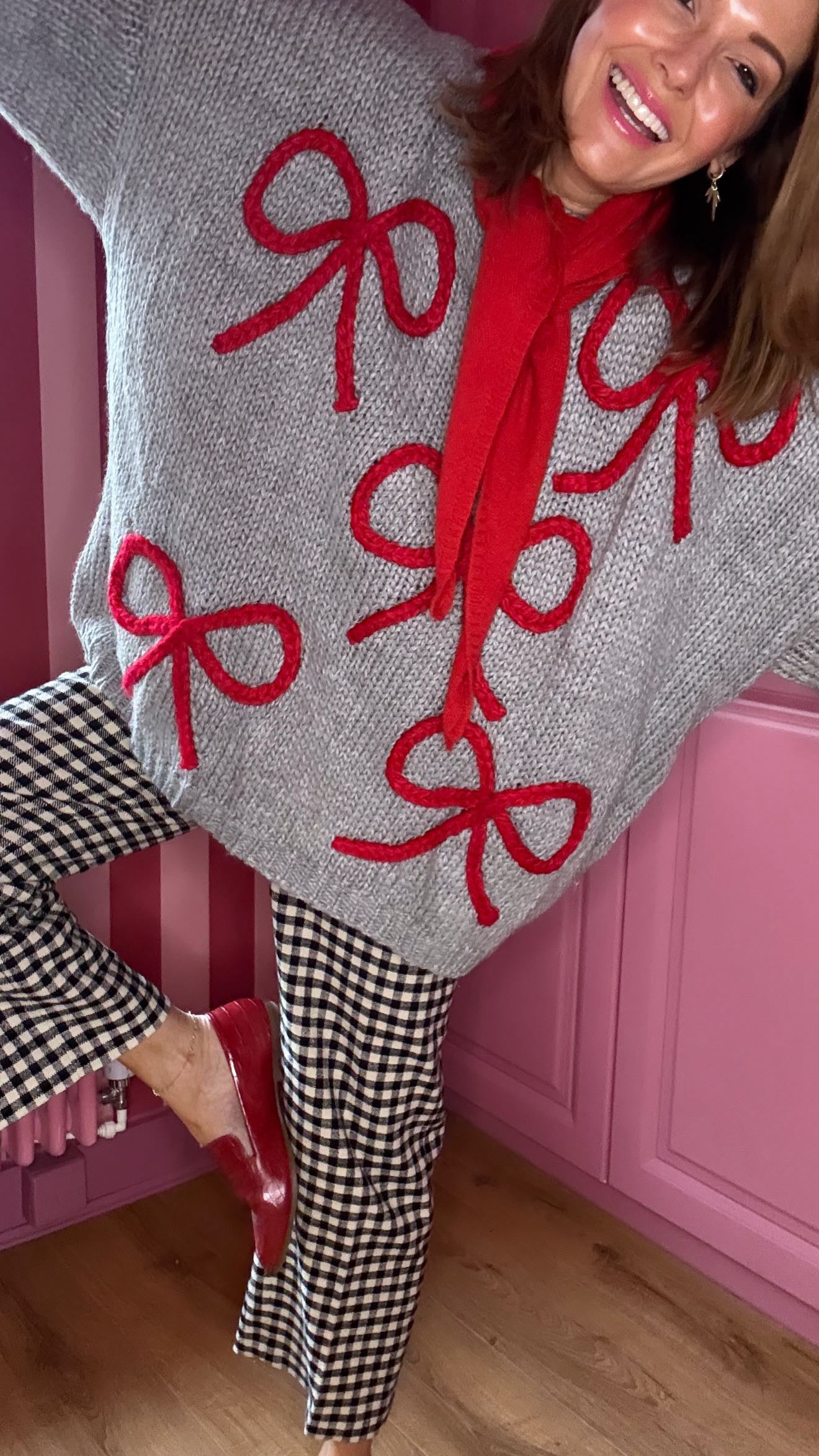 ALEX RIBBON BOW 🎀 OVERSIZED JUMPER HEATHER GREY & RED BOWS *New