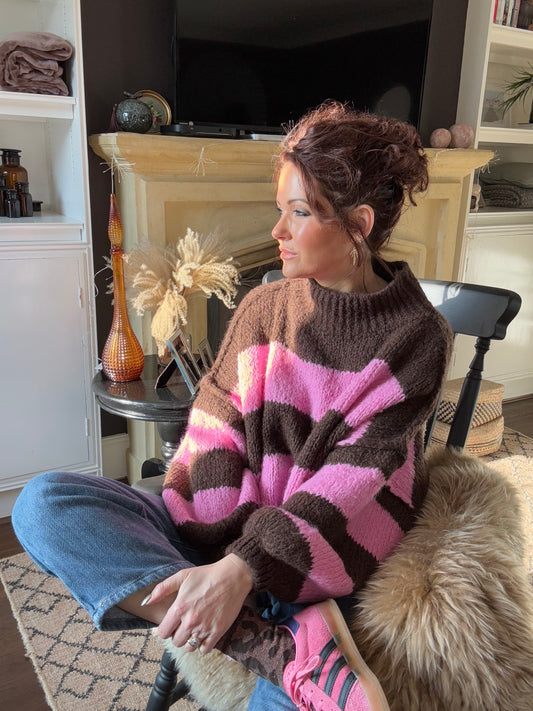 ALEX STRIPED RAW EDGE BALLOON SLEEVED JUMPER RASPBERRY TRUFFLE PINK & CHOCOLATE *New